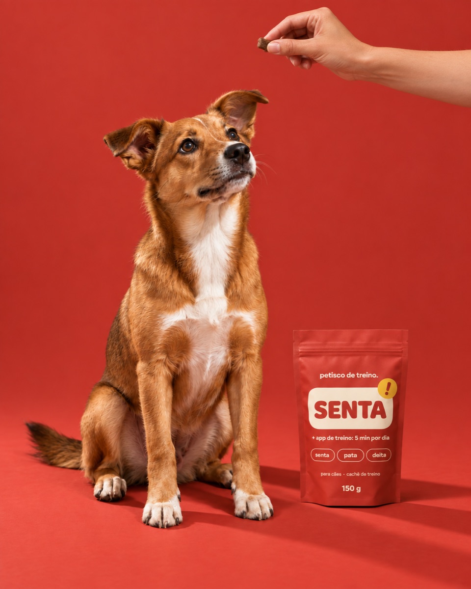 Cachorro sentado olhando para um petisco SENTA